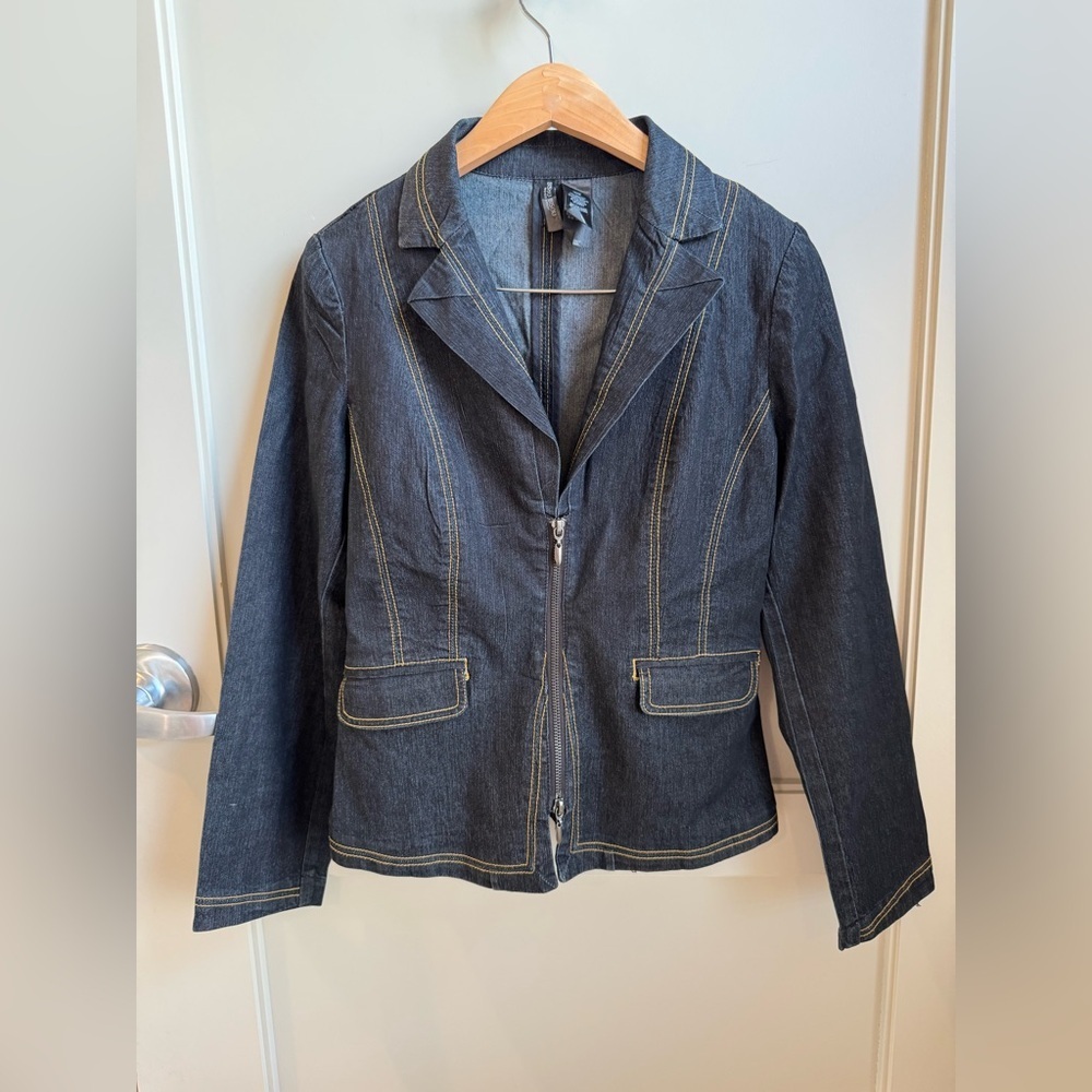 Y2K 90s Bisou Bisou Denim Zip-Front Blazer Jacket Dark Blue Small